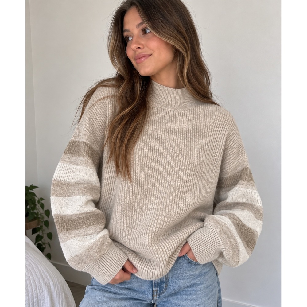 Fortune + Ivy Womens Beige Ribbed Striped Sleeve Mock Neck Sweater Large